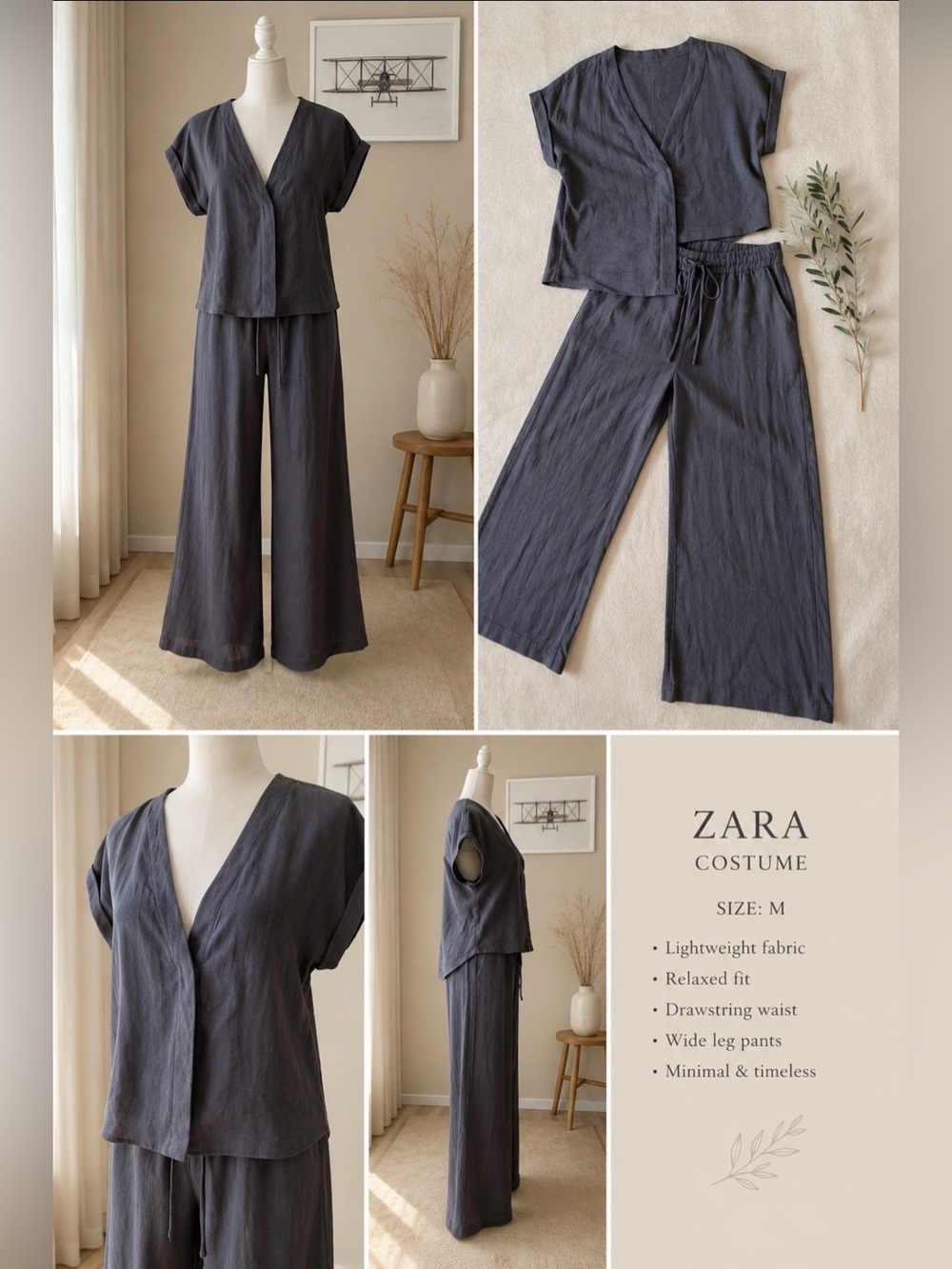 Zara Charcoal V-Neck Short Sleeve Blouse and pants